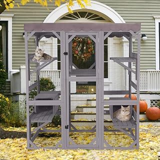 Wooden Catio Outdoor Cat Enclosure, Large Walk-In Kennel with 7 Jumping Platforms, Weatherproof Asphalt Roof and 2 Napping