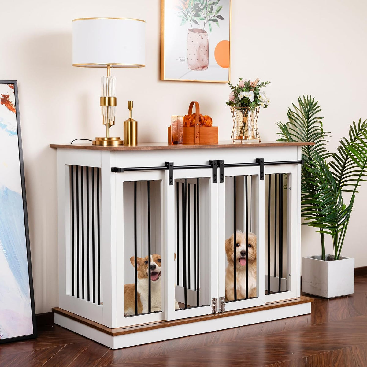 White wooden dog crate end table with divider and double doors