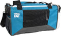 Blue soft-sided cat carrier backpack with shoulder strap