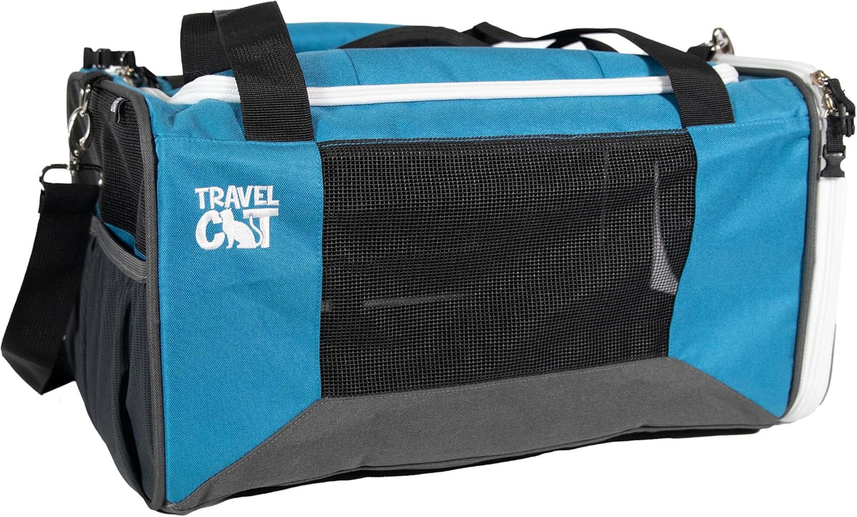 Blue soft-sided cat carrier backpack with shoulder strap