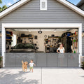 Retractable mesh pet gate stretched across a wide garage opening