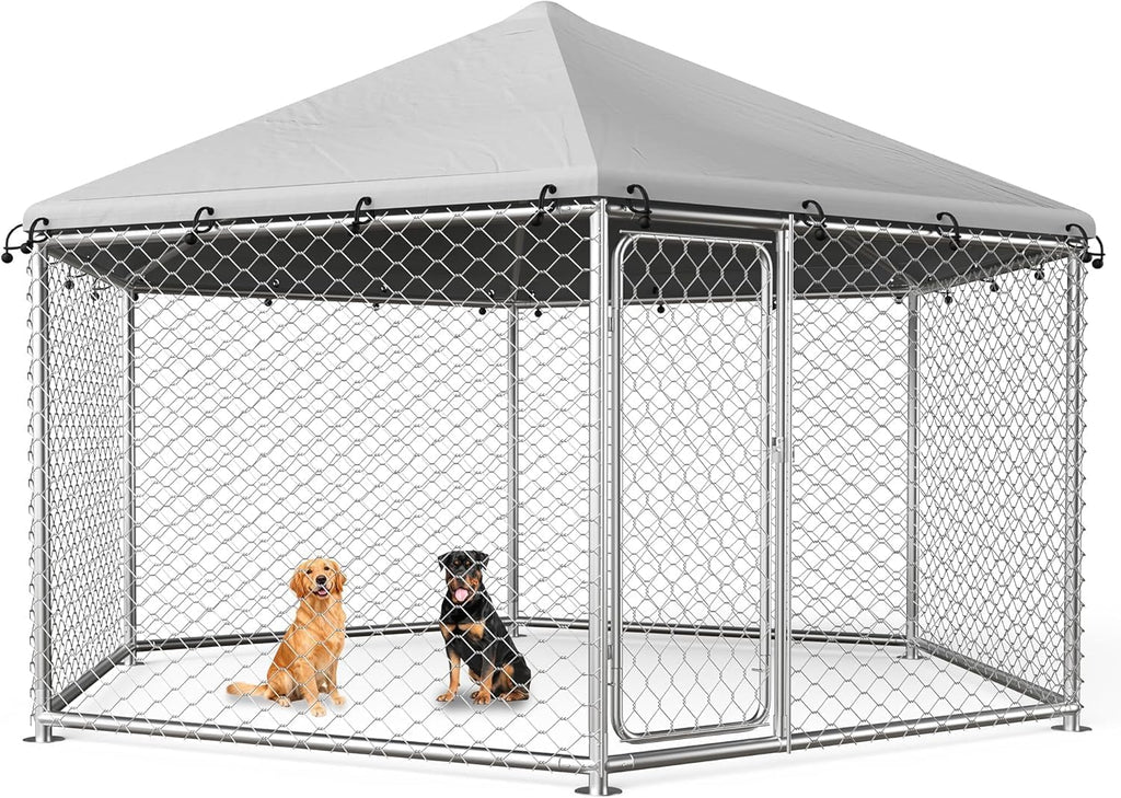 Large galvanized steel chain link outdoor dog kennel with roof