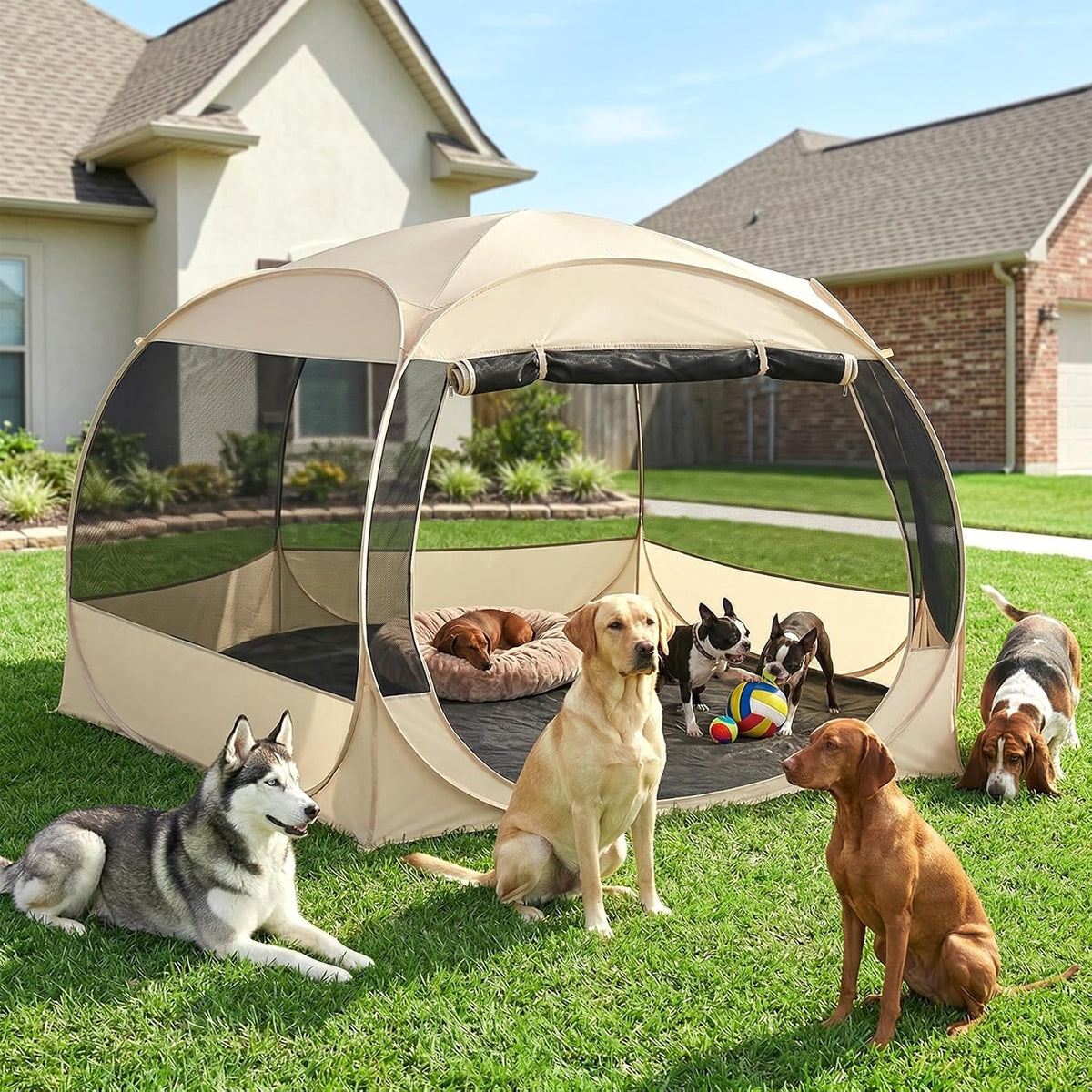 Large pop-up gazebo-style dog playpen tent with screen walls – view 2