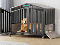 Oak grey wooden dog crate furniture with feeding window and high roof