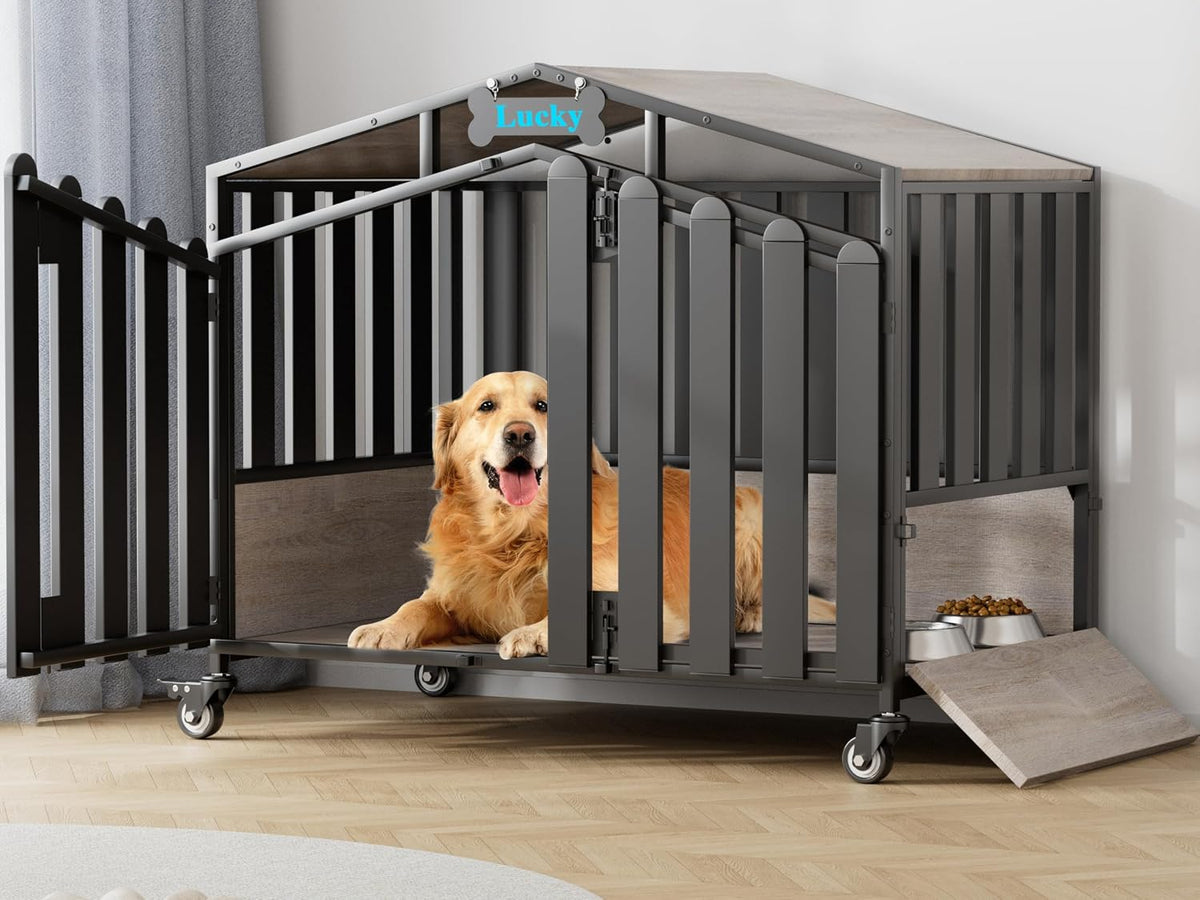 Oak grey wooden dog crate furniture with feeding window and high roof