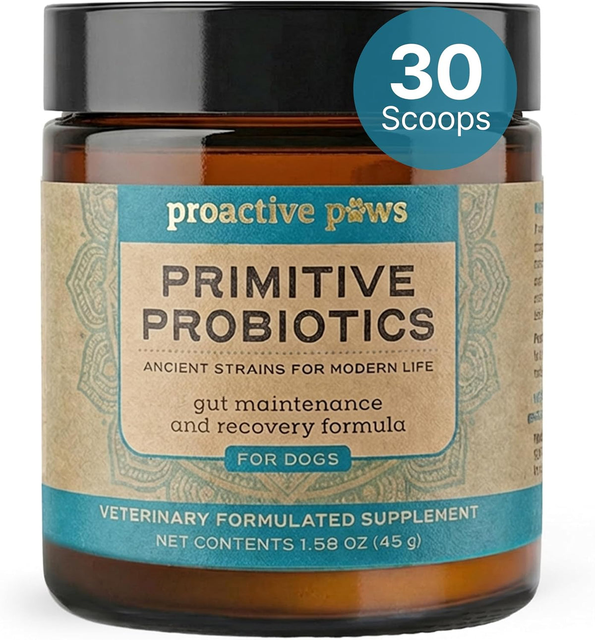 Container of soil-based probiotic powder for dogs with scoop – view 2