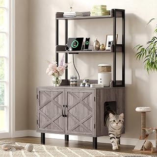55 Inch Cat Litter Box Enclosure with Storage Shelves, Grey