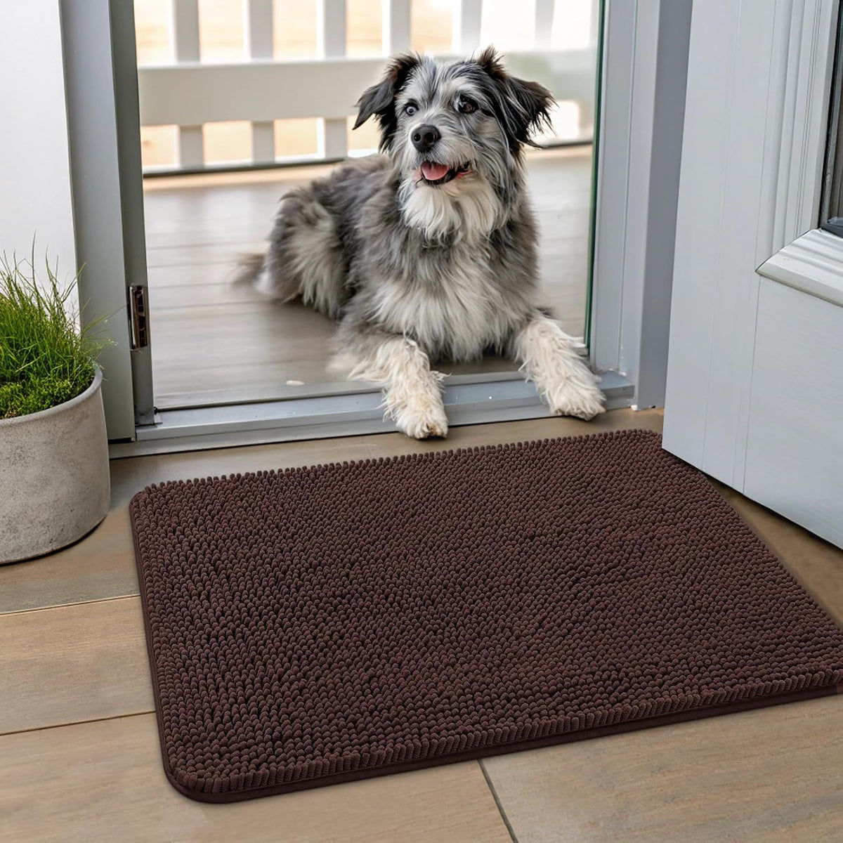 Brown small chenille dog door mat at a front entrance
