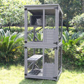 Grey wooden outdoor catio on wheels with attached run