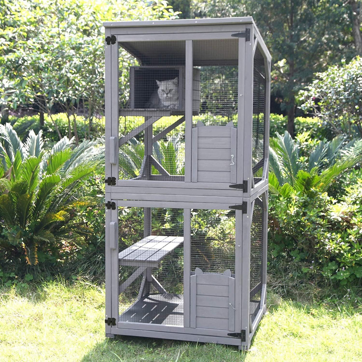 Grey wooden outdoor catio on wheels with attached run