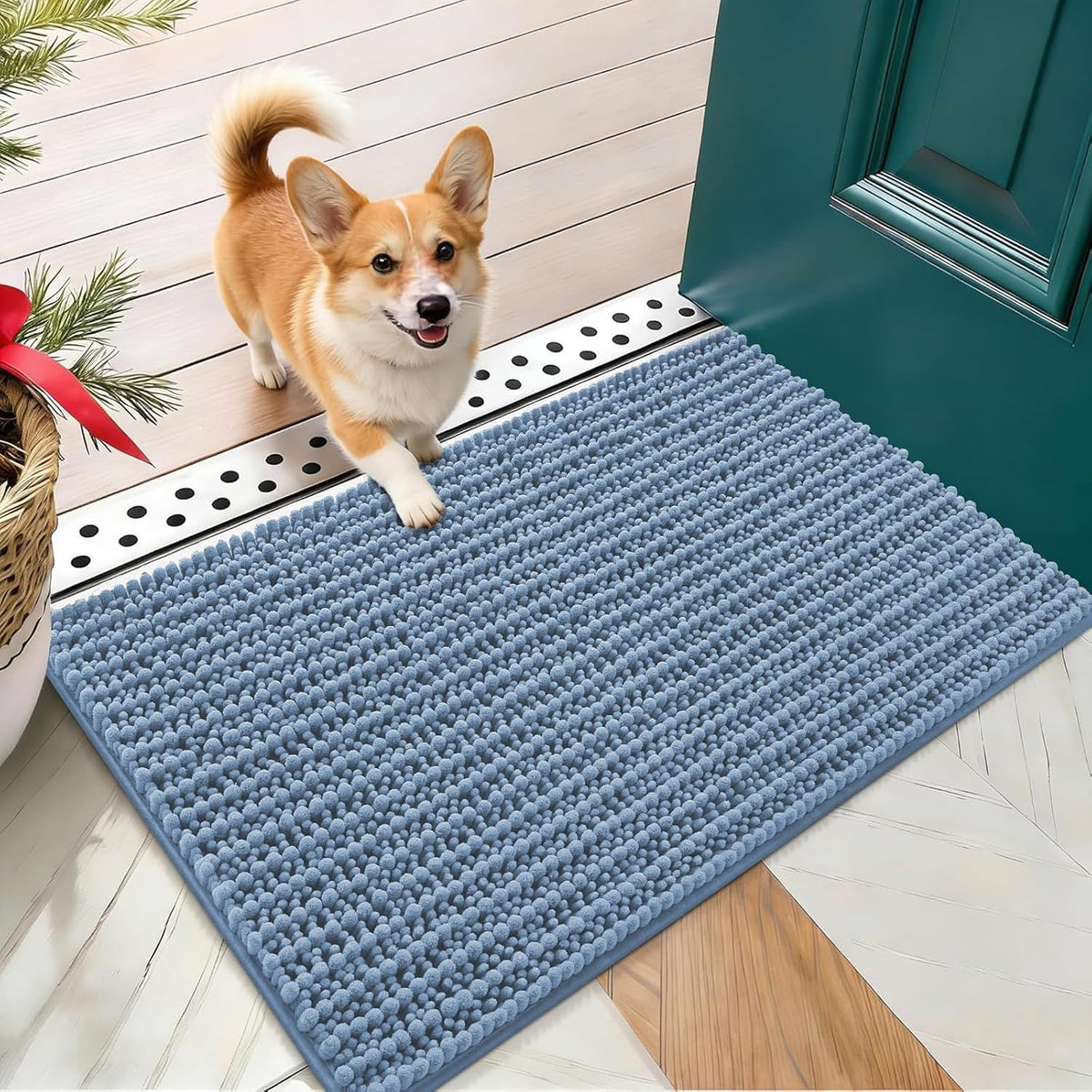 Airy blue chenille paw doormat with a dog stepping on it