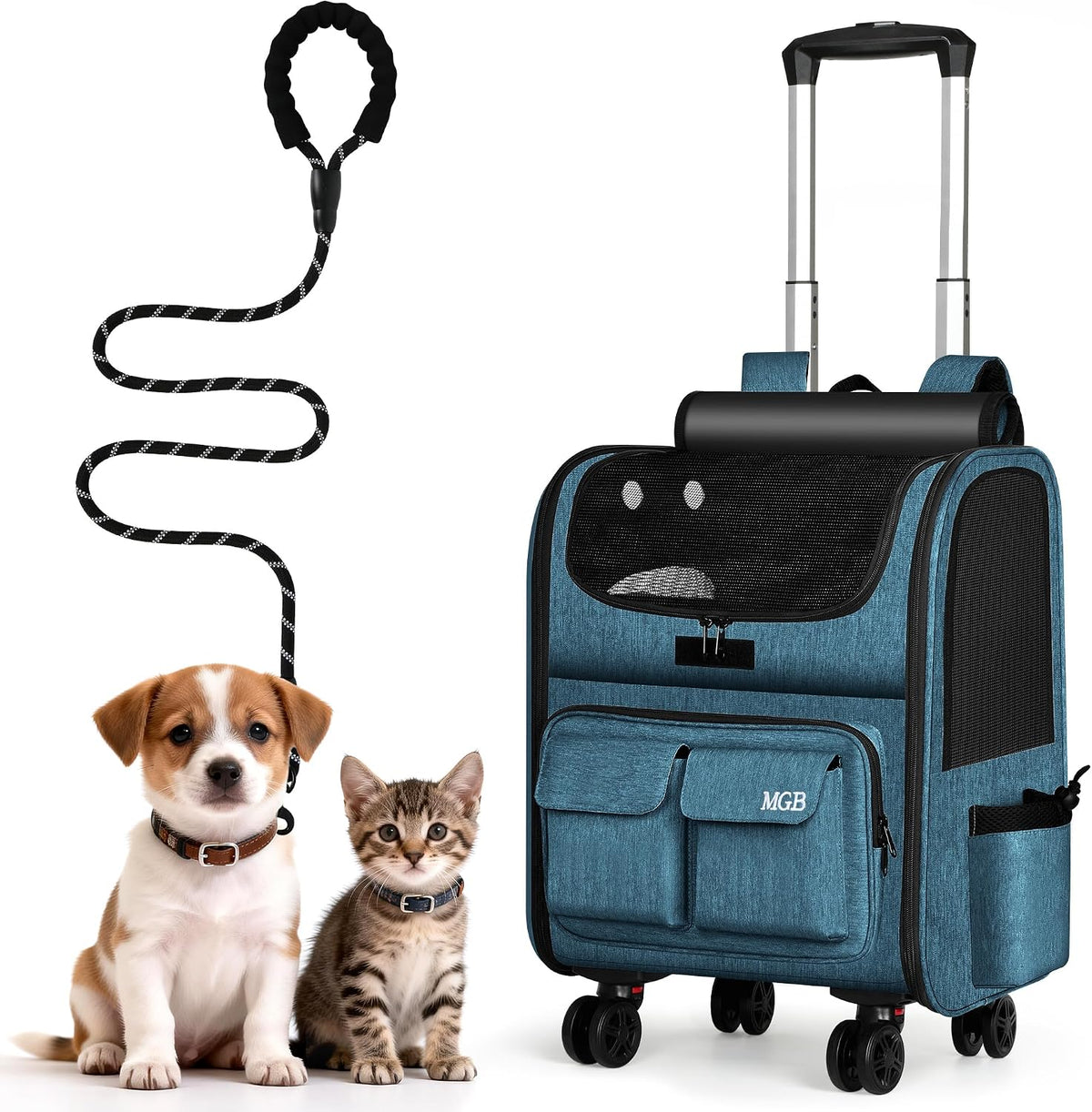 Gray foldable rolling pet carrier with removable wheels – view 2