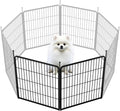 Black metal dog playpen with twelve panels and a wide door on a lawn – view 11