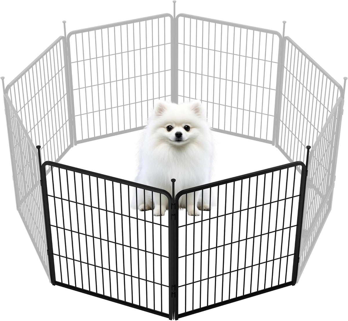 Black metal dog playpen with twelve panels and a wide door on a lawn – view 11