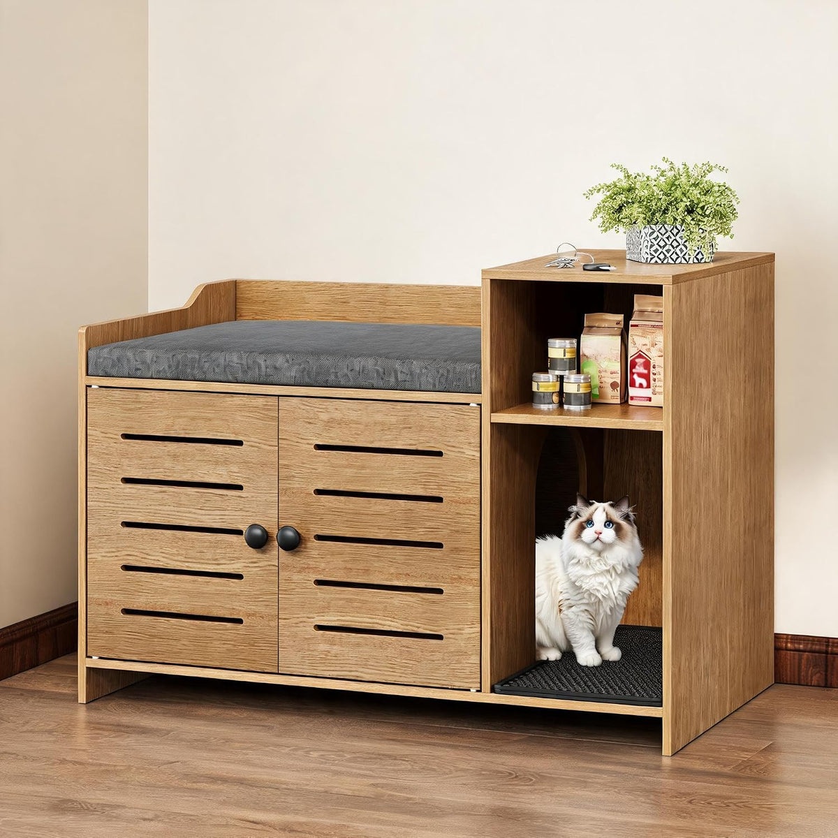 Farmhouse wooden hidden litter box enclosure with storage shelf – view 2