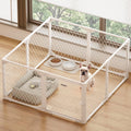 White 24 inch metal dog playpen with diamond mesh panels set up indoors