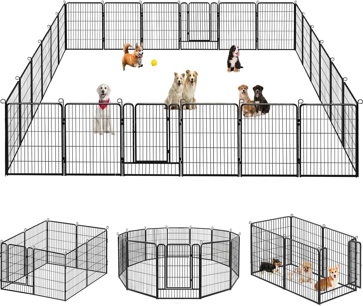 Black 40 inch metal dog playpen with fourteen panels set up in a yard – view 6
