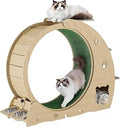 6-in-1 Cat Exercise Wheel, 40 Inch Multifunctional Treadmill with Detachable Carpet, Scratching Post and Feeding Bowls, Wood