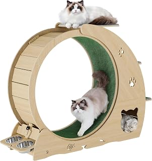 6-in-1 Cat Exercise Wheel, 40 Inch Multifunctional Treadmill with Detachable Carpet, Scratching Post and Feeding Bowls, Wood
