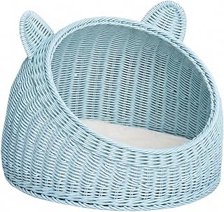 Woven Cattail Fiber Cat Bed with Removable Padded Mat, Size S