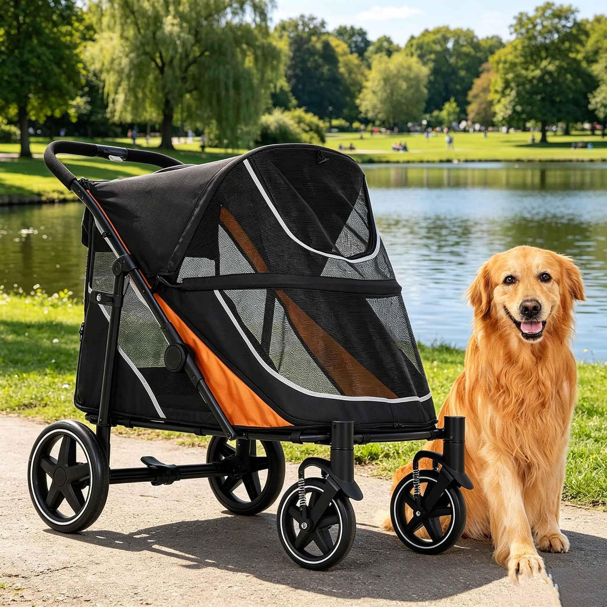 Black and orange folding large dog stroller with mesh panels