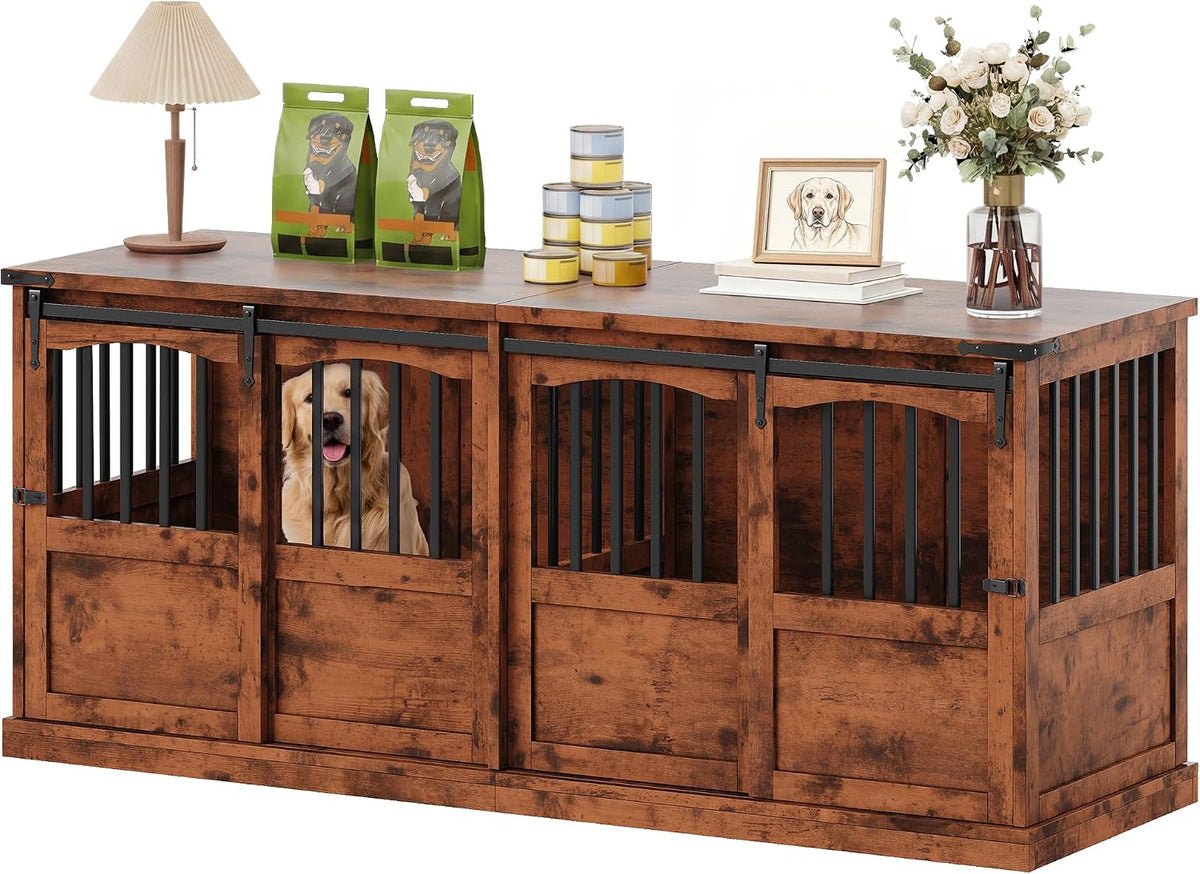 Brown 72 inch double dog cage furniture with two compartments