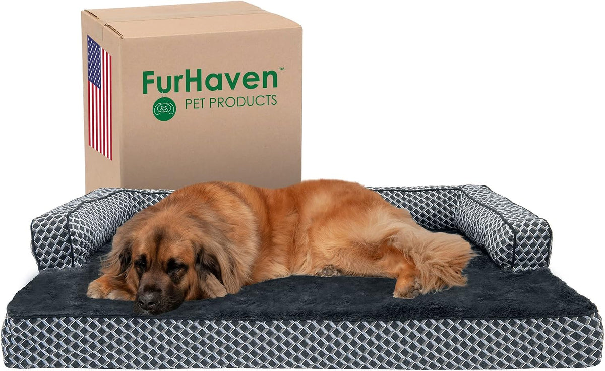 Diamond brown woven sofa dog bed with faux fur sleep surface and three bolsters – view 2