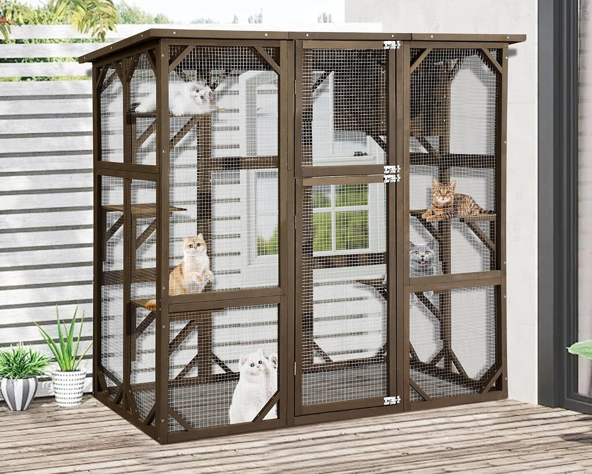 Grey wooden catio with five platforms and removable litter box – view 3