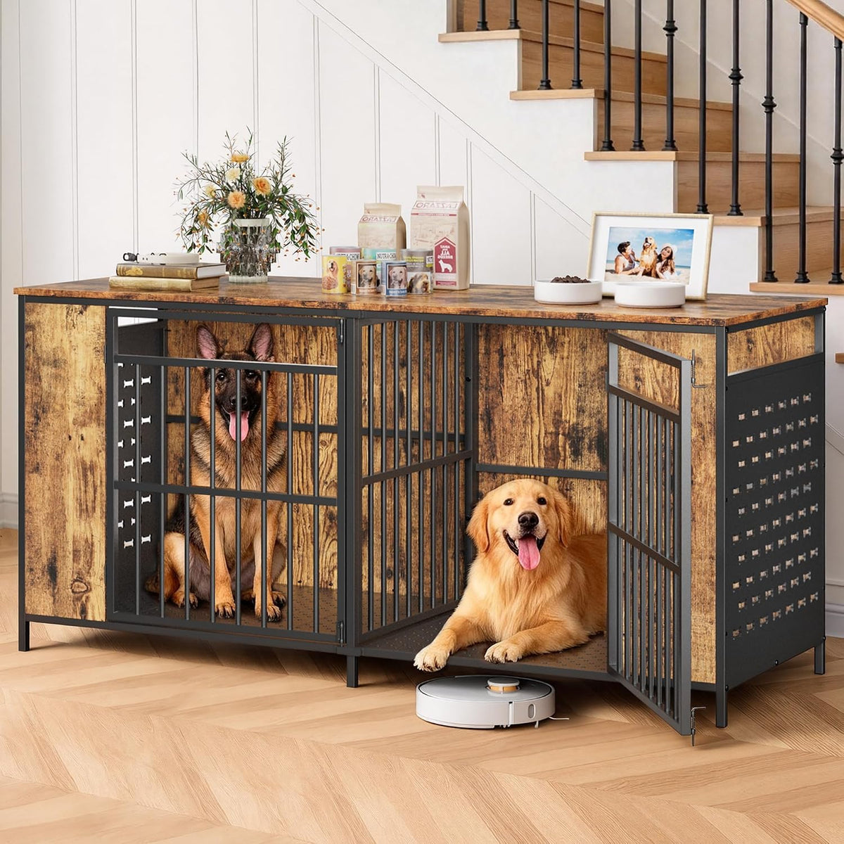 Extra large metal and wood double dog crate with two front doors