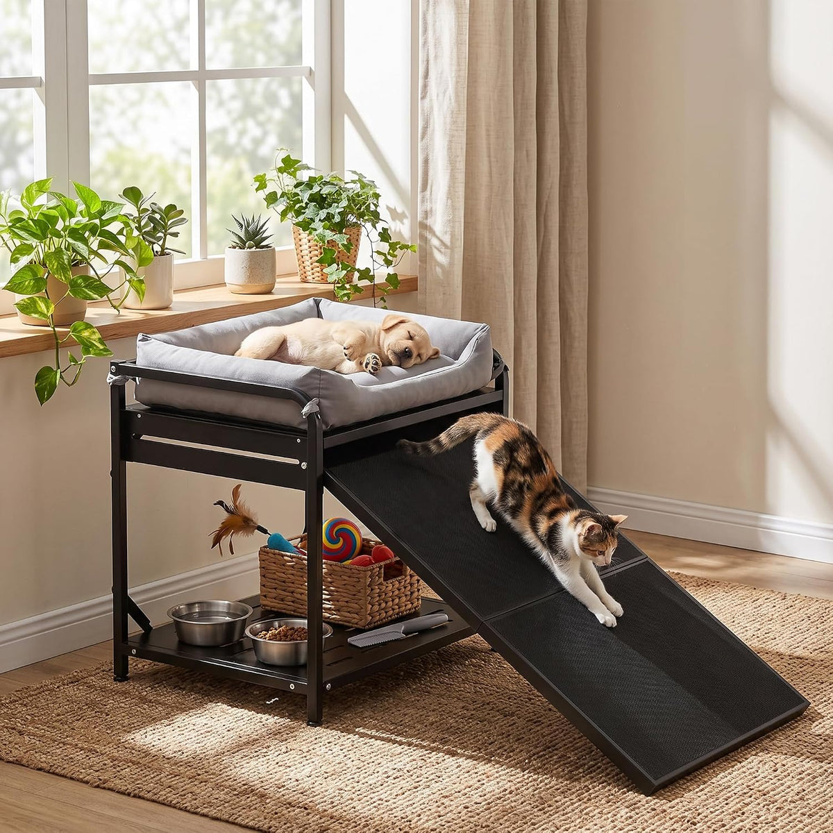 Raised pet sofa bed with pull-out ramp beside a human bed