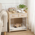 Oak wooden small dog crate nightstand with two drawers