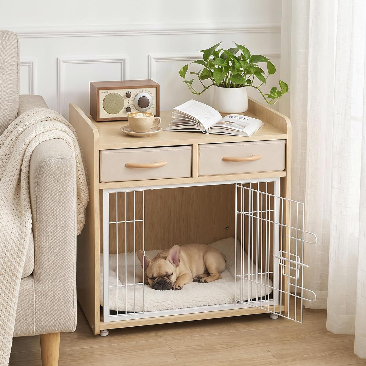 Oak wooden small dog crate nightstand with two drawers