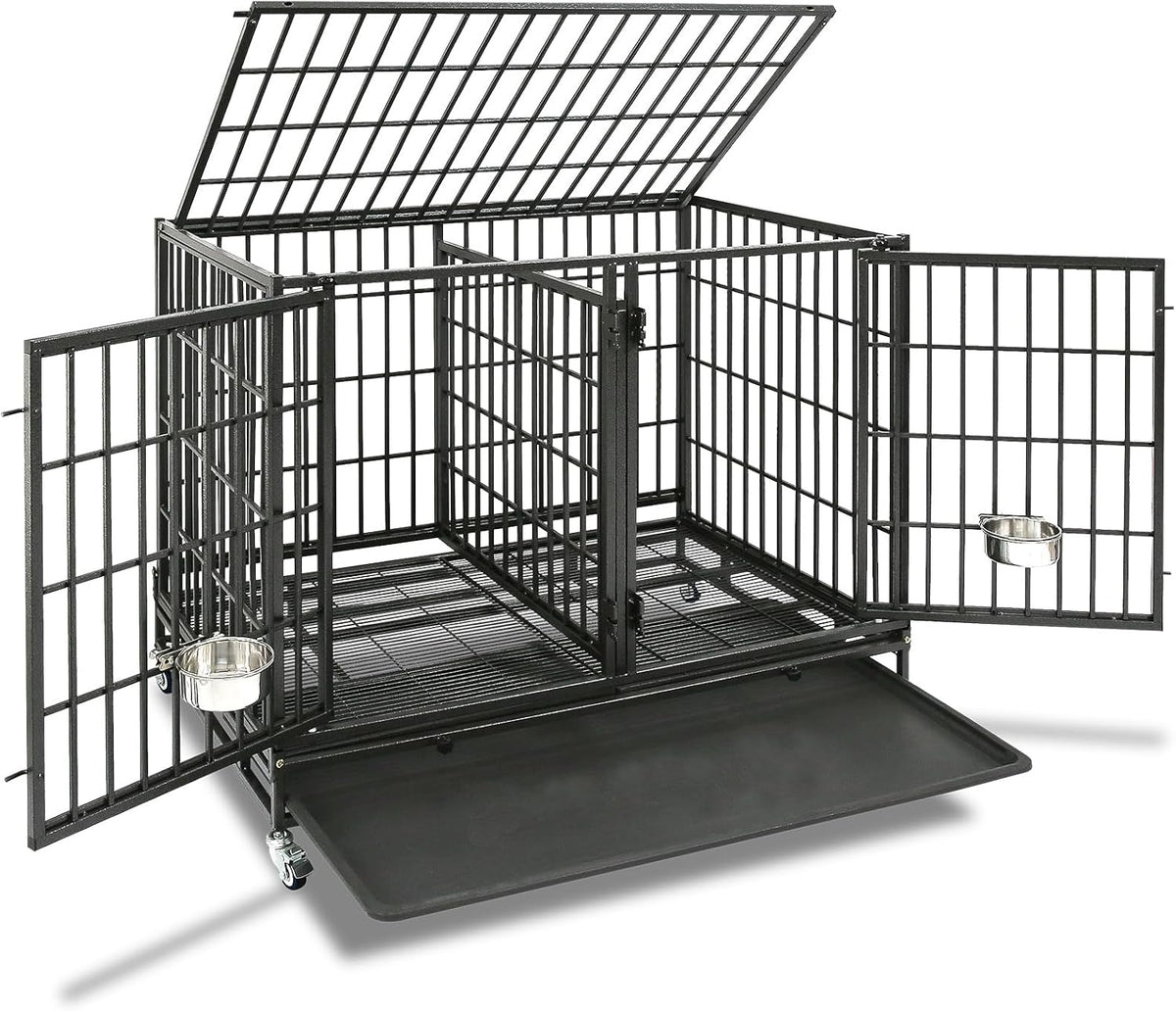 43 inch heavy duty metal double dog crate with divider, dual doors and wheels