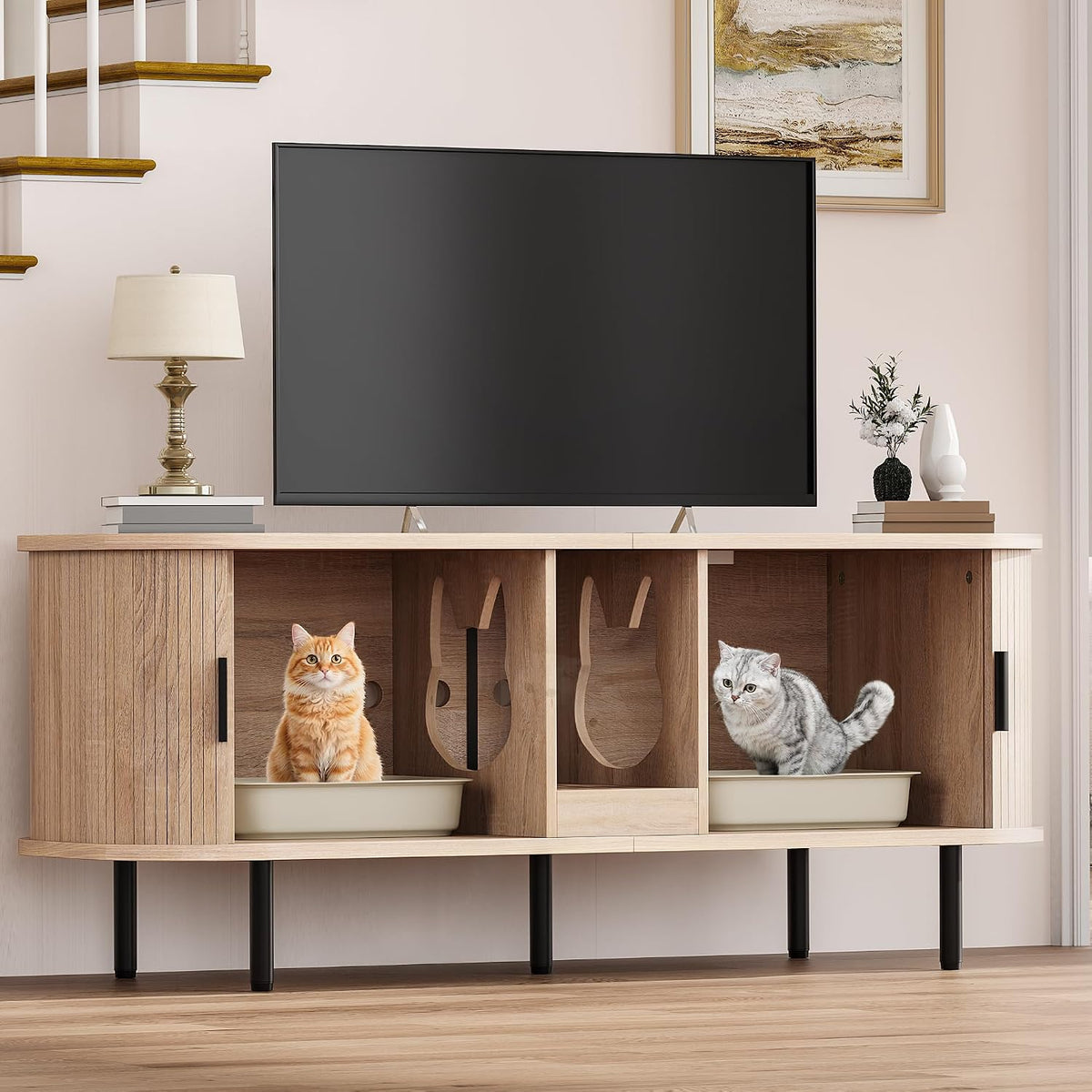 Light oak double cat litter box enclosure TV stand with fluted doors