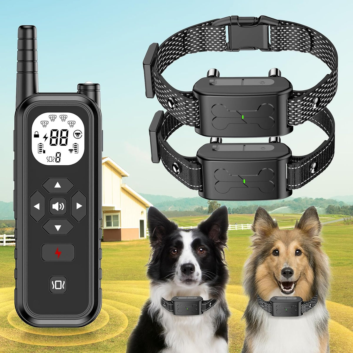 Wireless dog fence system with two waterproof training collars and remote unit