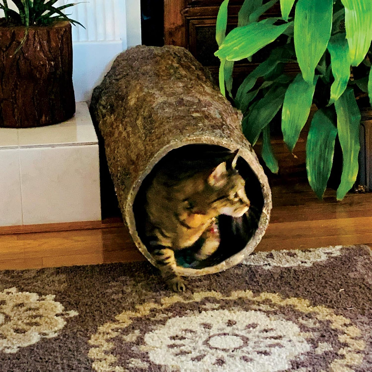 Realistic faux tree log cat tunnel hideaway, 32 inches long