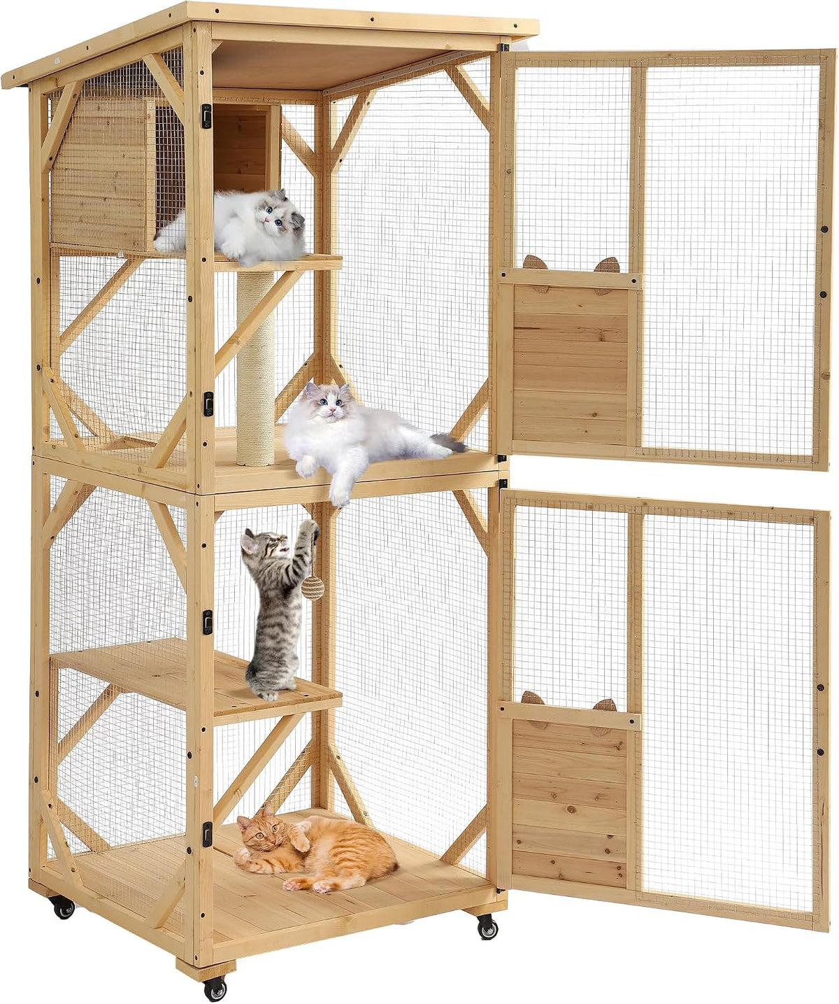 Tall four-tier wooden catio with asphalt roof, wire mesh and wheels – view 2