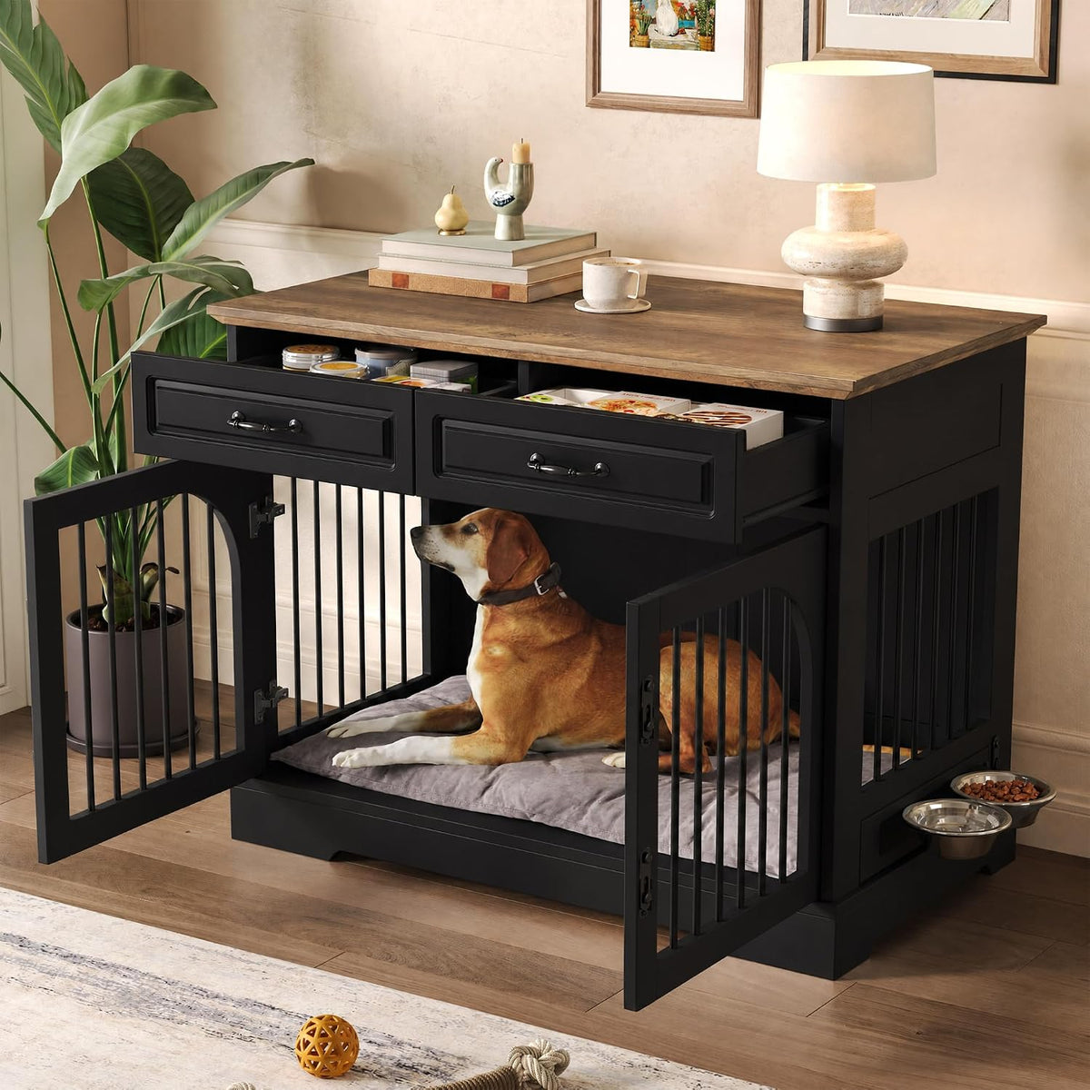 Black 43.3 inch wooden dog crate furniture with two drawers and rotating bowls