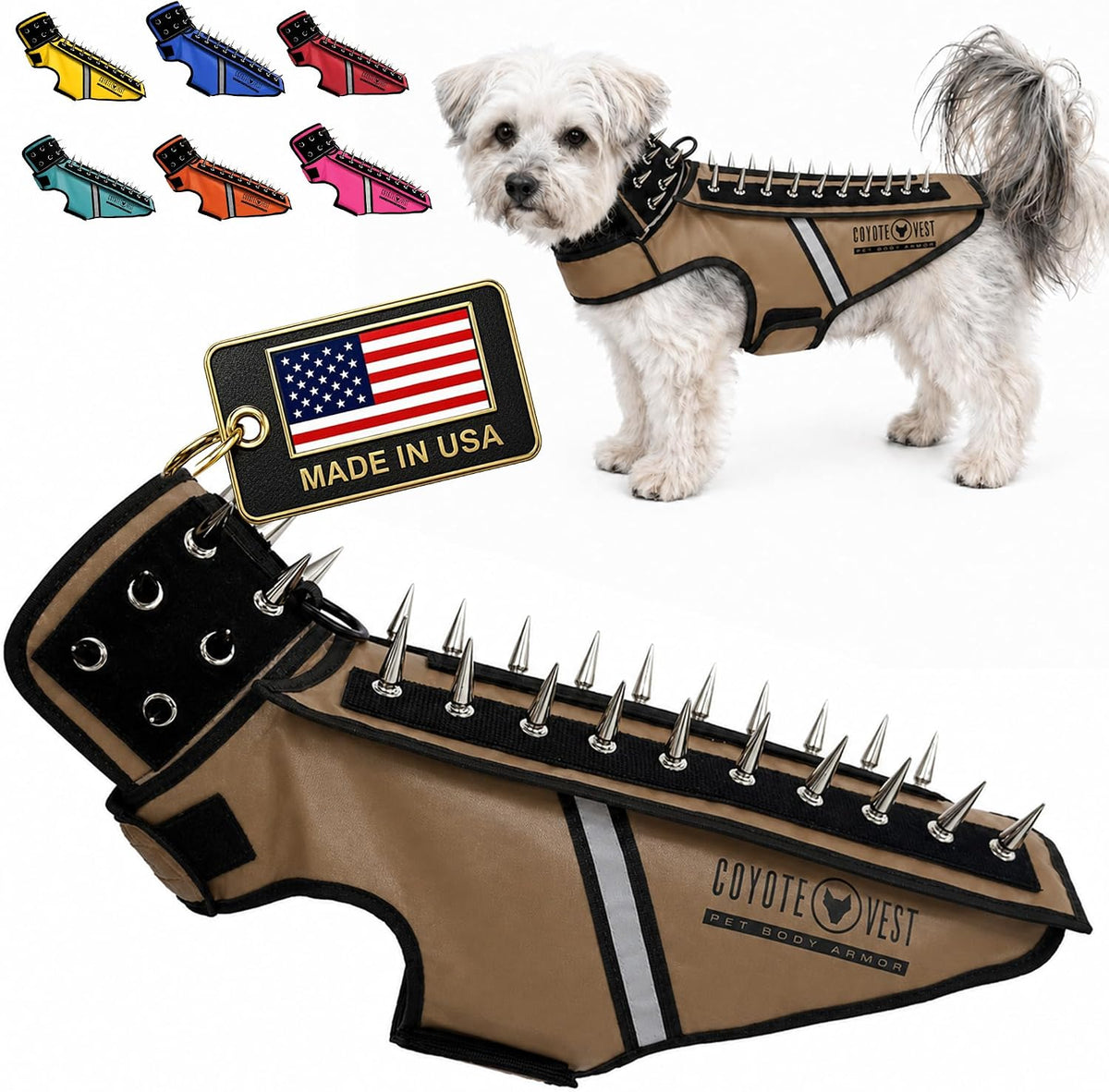 Fluorescent orange stab-resistant small dog harness vest with spike add-on – view 24