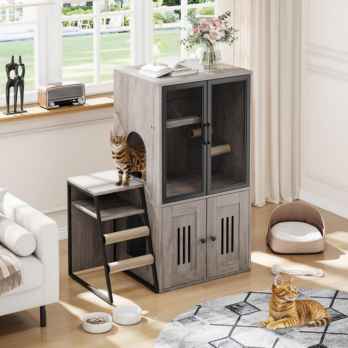 Two-tier litter box cabinet with mesh door, hammock and sisal ladder – view 2