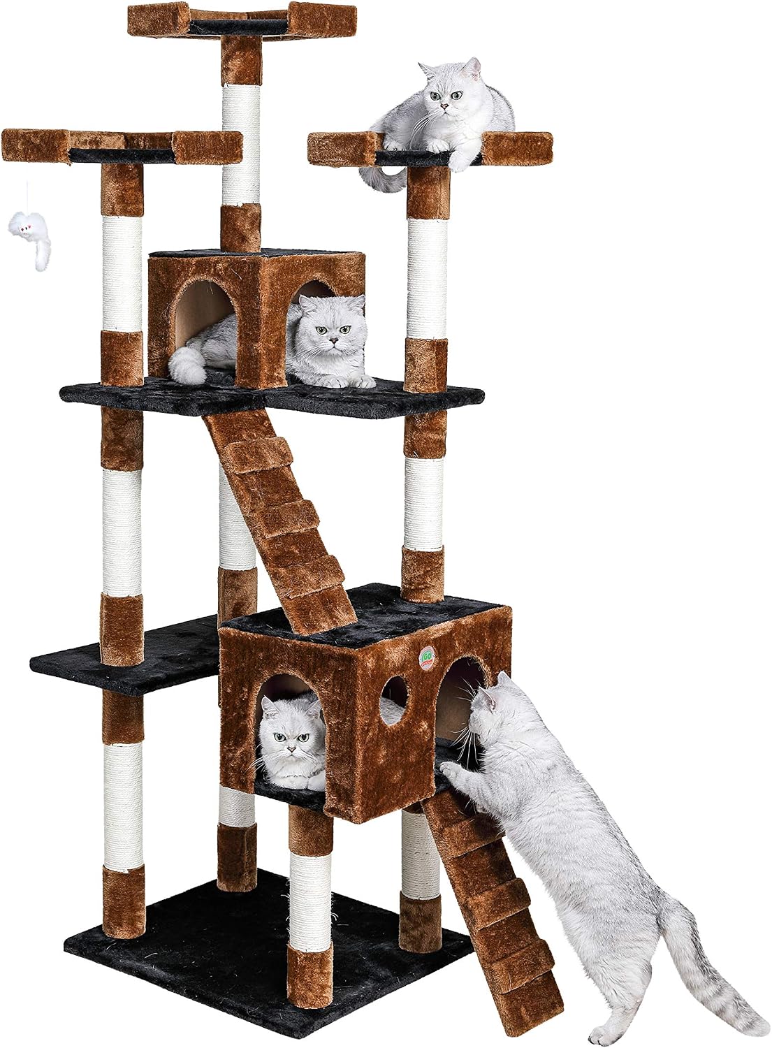 Tall 72 inch cat tree tower with condos, perches and faux fur covering