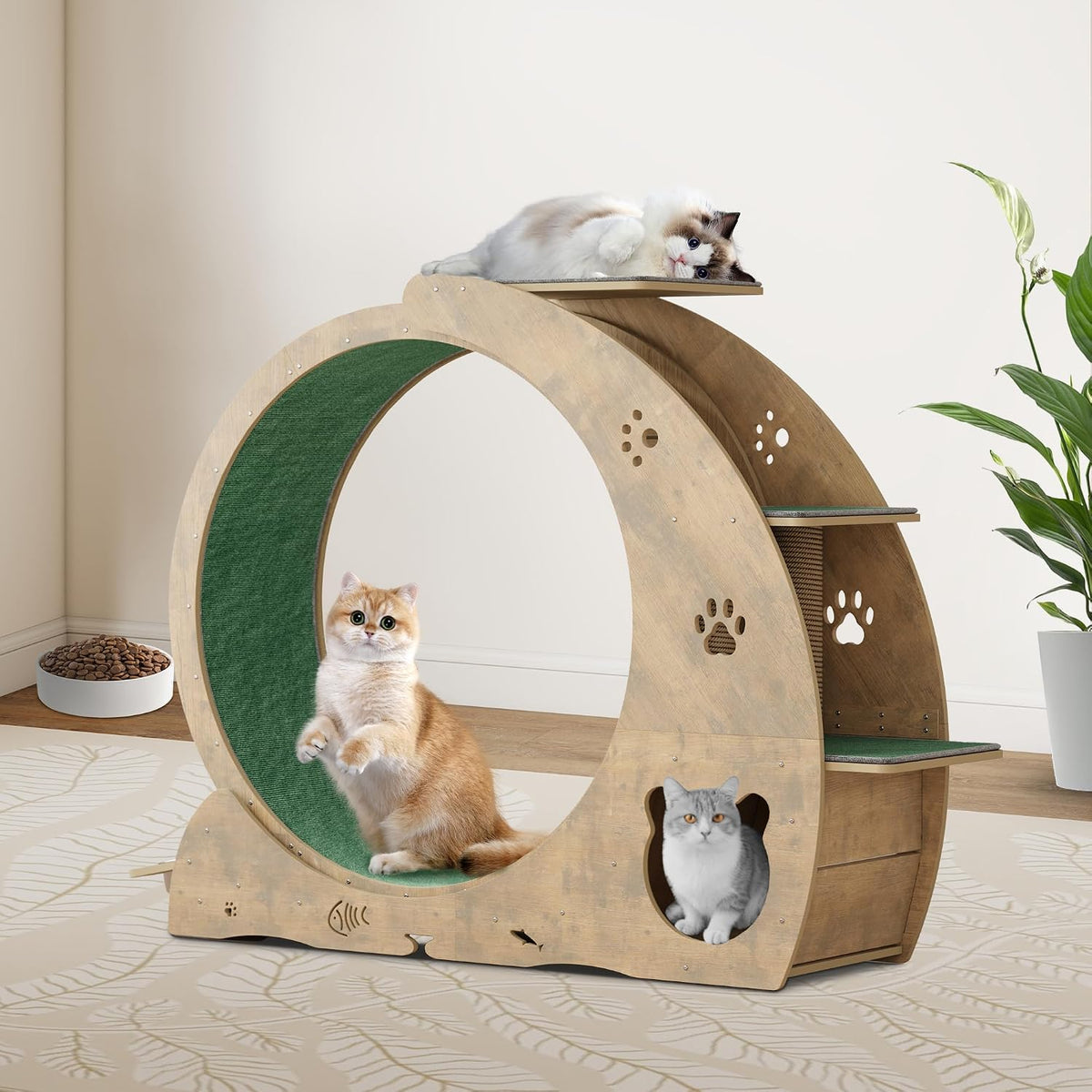 Solid wood cat running wheel with apartment and play roller – view 3