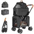 Black double-decker pet stroller with two stacked detachable carriers