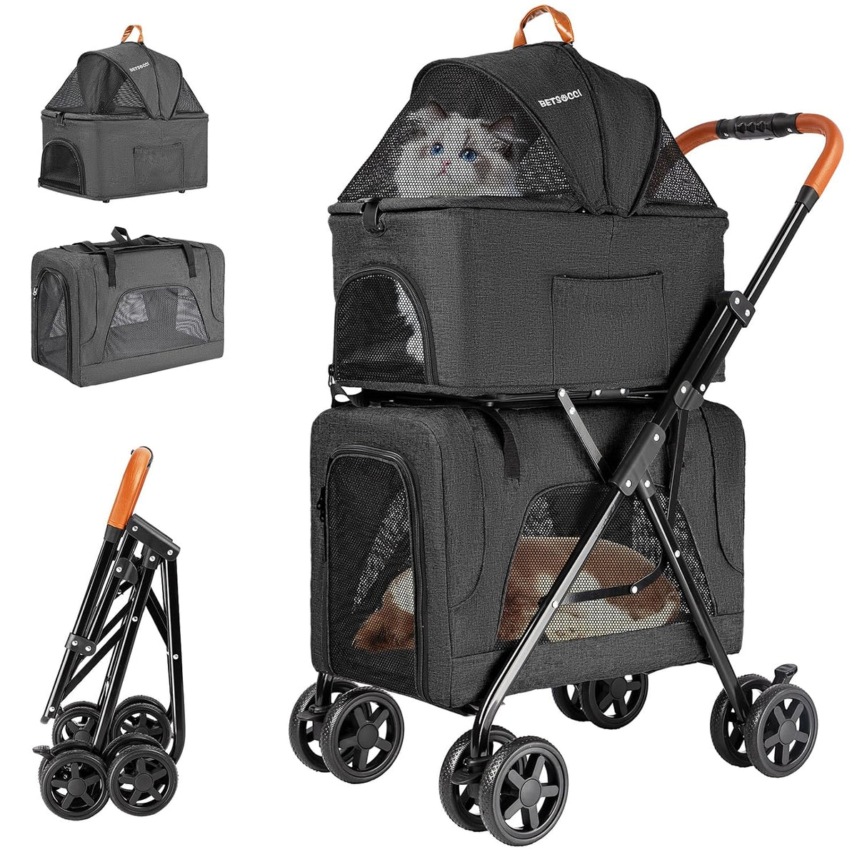Black double-decker pet stroller with two stacked detachable carriers