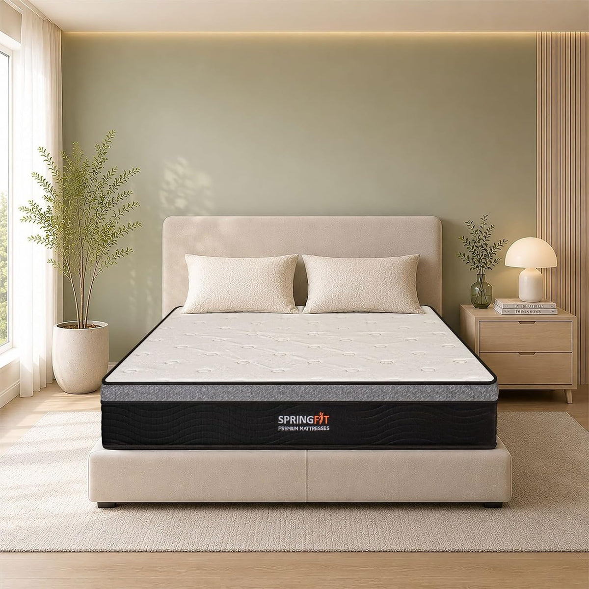 White 8 inch spring mattress with knit cover on a bed frame – view 3