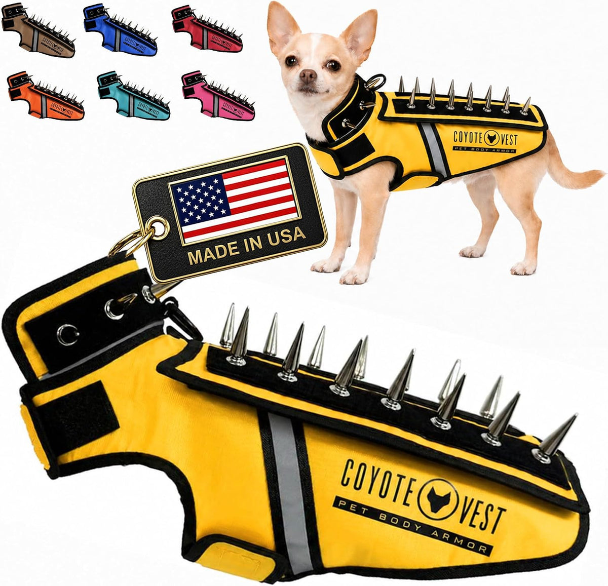 Fluorescent orange stab-resistant small dog harness vest with spike add-on – view 15