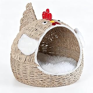 Woven Rattan Cat House Bed with Plush Cushion for Kittens, 1 Pack