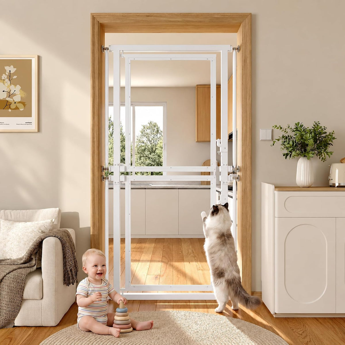White extra tall clear acrylic cat gate in a narrow doorway