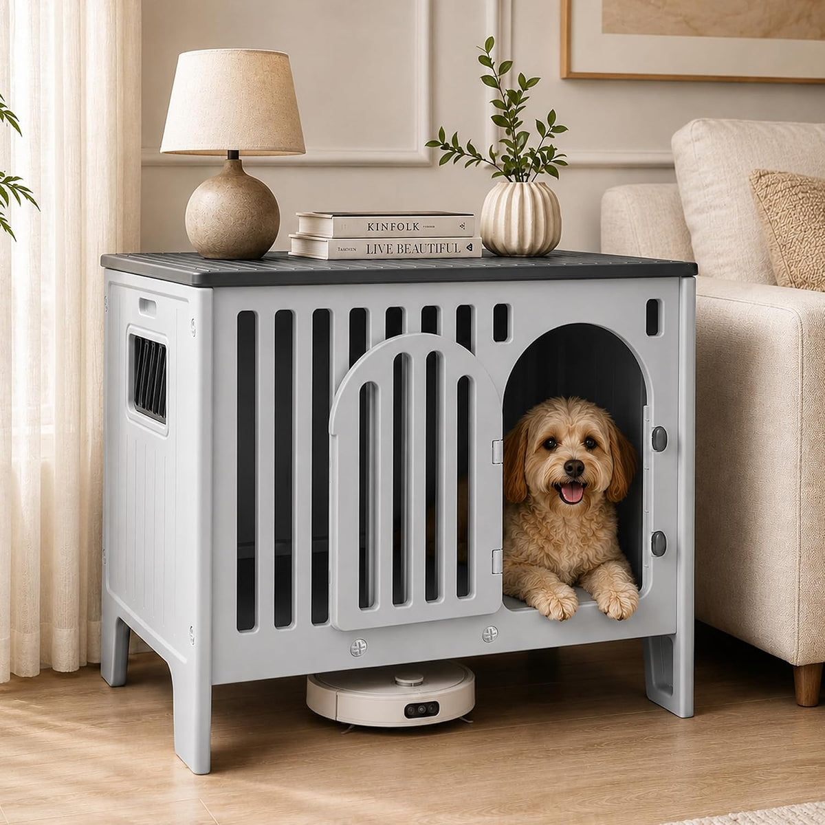 Modern HDPE dog crate end table on raised legs