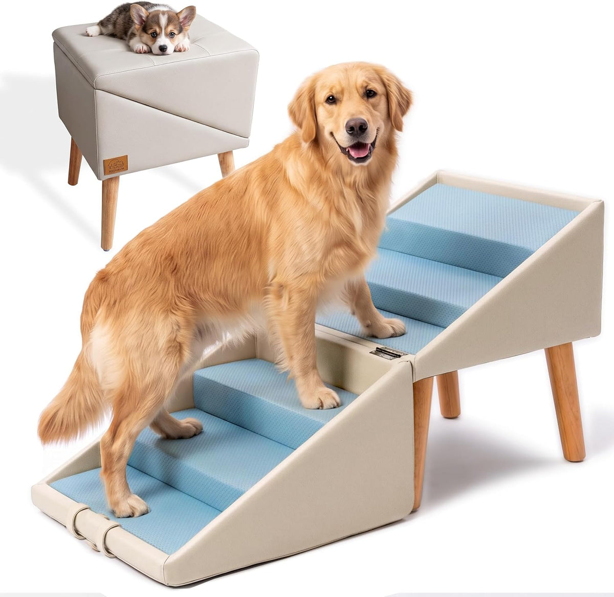 Beige 6-step wooden dog stairs that fold into an ottoman